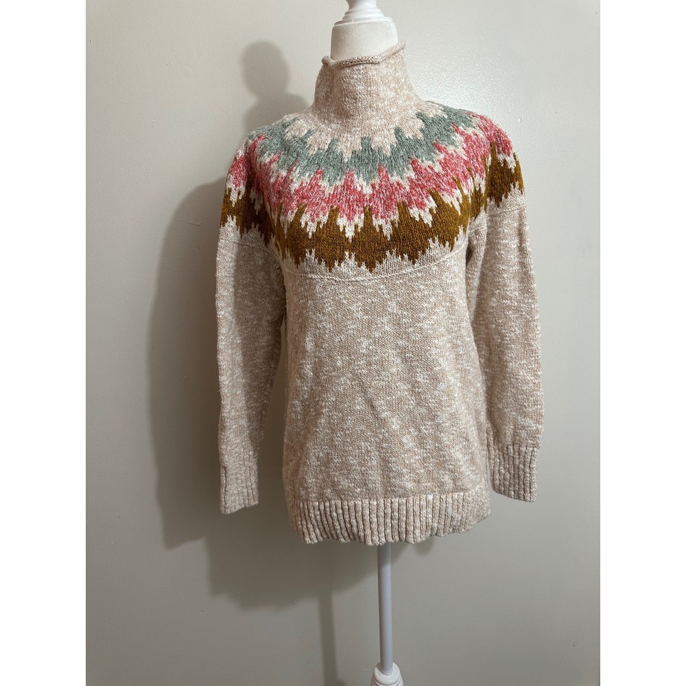 LL Bean Womens Fair Isle Turtleneck Sweater Medium Petite Cotton Beige 511657